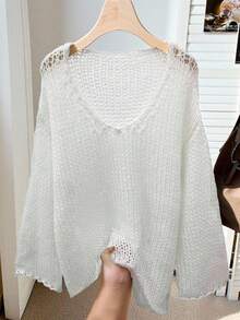 SHEIN LUNE Solid Color Drop Shoulder Sweater,Long Sleeve Tops - White - View 5