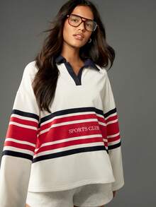 MISSGUIDED Retro Sports Club Rugby Sweatshirt Preppy Collegiate Style Striped Polo Collar Long Sleeve Varsity Letter Casual Winter Fall Pullover - Multicolor - View 5