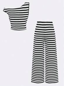 SHEIN Tween Girl Casual Asymmetric Textured Black & White Striped Cropped Off-Shoulder T-Shirt And Pants 2 Pieces Set Two Piece Set Striped Two Piece Set Two Piece Pantsuit