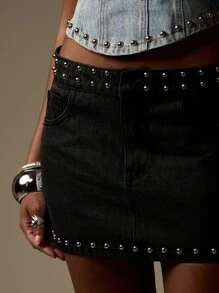 MISSGUIDED 铆钉牛仔迷你裙高腰西式迷你牛仔裙朋克摇滚时尚个性单品秋冬Y2K节派对街头风格垃圾摇滚 - 黑色 - 查看 6