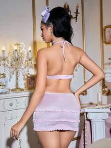 Bộ đồ lót 3 món gồm áo ngực, váy và quần lọt khe ren hoa nhiều lớp, màu tím oải hương, phong cách lễ hội âm nhạc Y2K dễ thương và gợi cảm. - Màu Lilac Tím - Xem 3