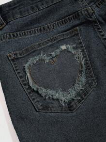 SHEIN x PRISCILA & JIMENA ROMWE Grunge Punk Y2K 复古心形金属扣流苏腰带搭配喇叭牛仔裤，适合女性，适合上学、休闲场合，纽扣拉链低腰喇叭裤腿蓝色修身低腰牛仔裤，春秋季日常休闲穿着 - 藍色 - 查看 3