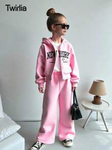 Sparklyn Áo khoác nỉ in hình địa điểm tuổi teen, áo tay ngắn in hình địa điểm phù hợp và quần ống loe bằng vải nỉ, bộ trang phục 3 món - Hồng - Xem 9