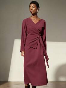 GENKIRA Cross Waist Slim Retro High-End 2 In 1 Lapel Long Sleeve Dress Dresses For Women Elegant  - Burgundy - View 5