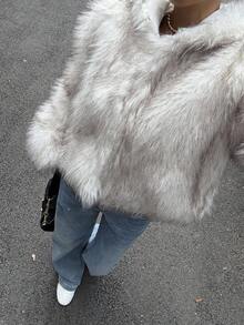 DAZY 女士时尚保暖长袖连帽宽松仿皮草外套，秋冬女式大衣 - 白色 - 查看 6