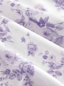 SHEIN MOD 女士肩部饰有蝴蝶结领口荷叶边紫色碎花连衣裙，薰衣草色连衣裙，紫白连衣裙，紫色玫瑰连衣裙，复古风，碎花中长连衣裙，茶会连衣裙，返校季连衣裙 - 紫丁香色 - 查看 4