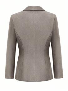 SHEIN Unity Áo khoác blazer công sở dệt kim hai hàng khuy cài eo thắt eo cho nữ, chuyên nghiệp và thời trang, mùa thu/đông - Xám - Xem 2