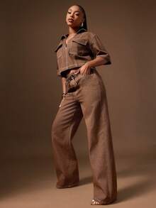 Denimoi 抽象图案抽绳腰直筒牛仔裤 - 棕色 - 查看 5