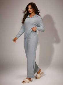 Contrast Color Trim Casual Ribbed Loungewear Set: Long Sleeve Top & Pants For Women, Lounge Cozy Outfit, Fall Clothes - Blue - View 3