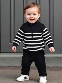 SHEIN Babyboy 春秋复活节庆祝装，休闲风格，厚实仿棉面料：包含加厚半拉链长袖上衣，采用柔软舒适的仿棉材质，以及宽松长裤。非常适合户外活动、室内舒适时光、轻松运动和玩耍，以及复活节派对绅士装扮。让宝宝时刻保持活力、时尚。 - 黑色 - 查看 1