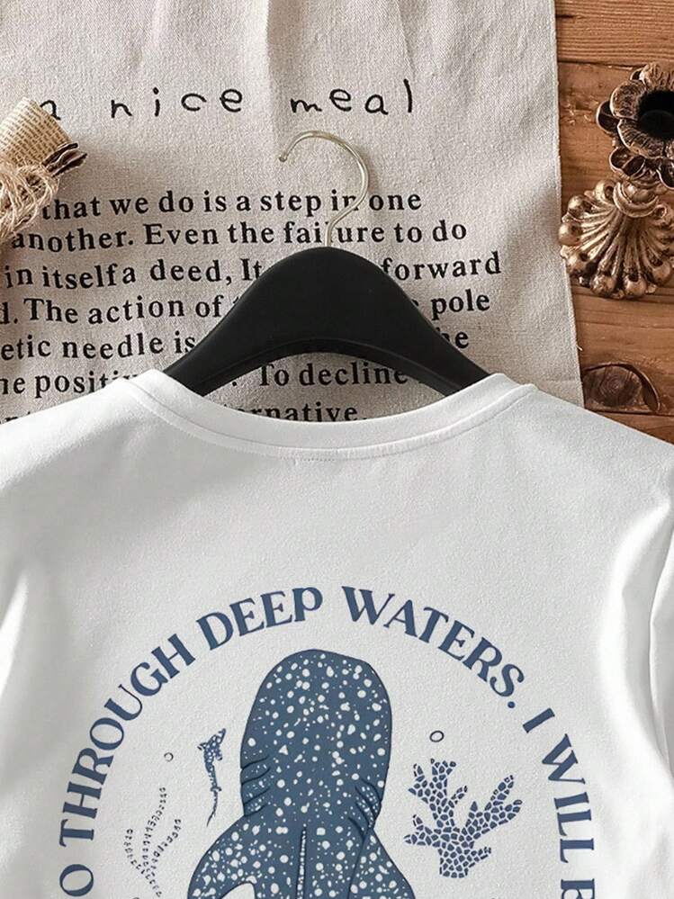 SHEIN Attitoon Lässiges Damen T-Shirt mit Rundhalsausschnitt und kurzen Ärmeln, figurbetont, geeignet für Sommer, Strand, Hai-Muster - Weiss - Übersicht 8