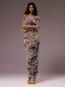 MUSERA Váy xuyên thấu trễ vai, cổ xẻ, xếp ly hai bên, họa tiết da báo phối hợp, ôm sát cơ thể, chất liệu lưới, thích hợp cho kỳ nghỉ hè, lễ hội, buổi tối hẹn hò, đám cưới, sinh nhật, câu lạc bộ, tiệc tùng gợi cảm, đi du thuyền, tiệc tùng, thanh lịch, Ibiza, dịp đặc biệt, nữ tính, dễ thương - Nhiều màu - Xem 5