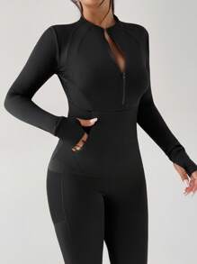 DAZY Damen Sportjacke mit hohem Kragen, halber Reißverschluss, Taschen und enganliegender Passform