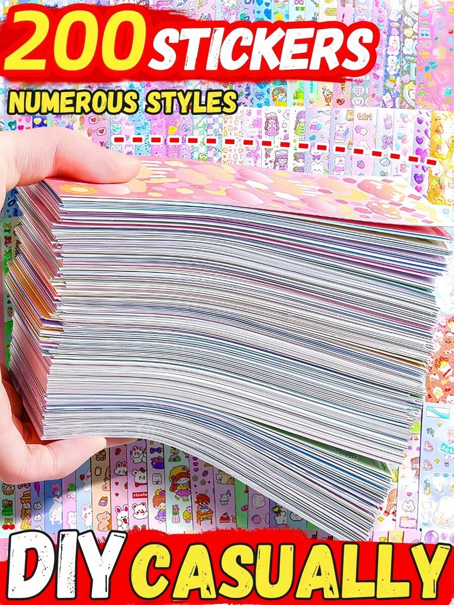 SHEIN Cute Cartoon Stickers 100pc Or 200pc Waterproof Holographic Laser Material Pre Cut Lines Fun Decor DIY Mix Designs For Cup Bottle Laptop Journal Scrapbook Postcard - Multicolor - View 1