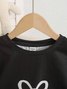 SHEIN 青少年女孩休闲蝴蝶装饰简约圆领长袖家居服套装 - 黑色 - 查看 2