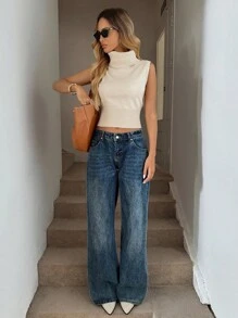 Easowa Áo len dệt kim không tay ôm sát cổ cao, dáng rộng thoải mái, phong cách cổ điển dành cho nữ - Màu be - Xem 6