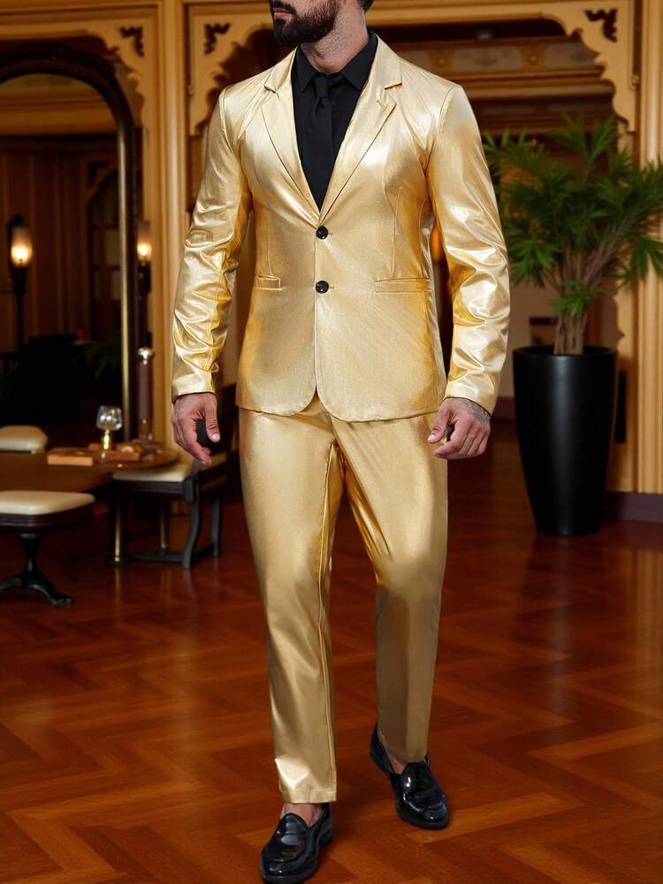 Manfinity AFTRDRK Men's Gold Color Long Sleeve Jacket & Pants Suit Gold Men Suit Men Evening Wear Prom Suits For Men Men Wedding Suit Luxury Clothes For Men - Gold - View 1
