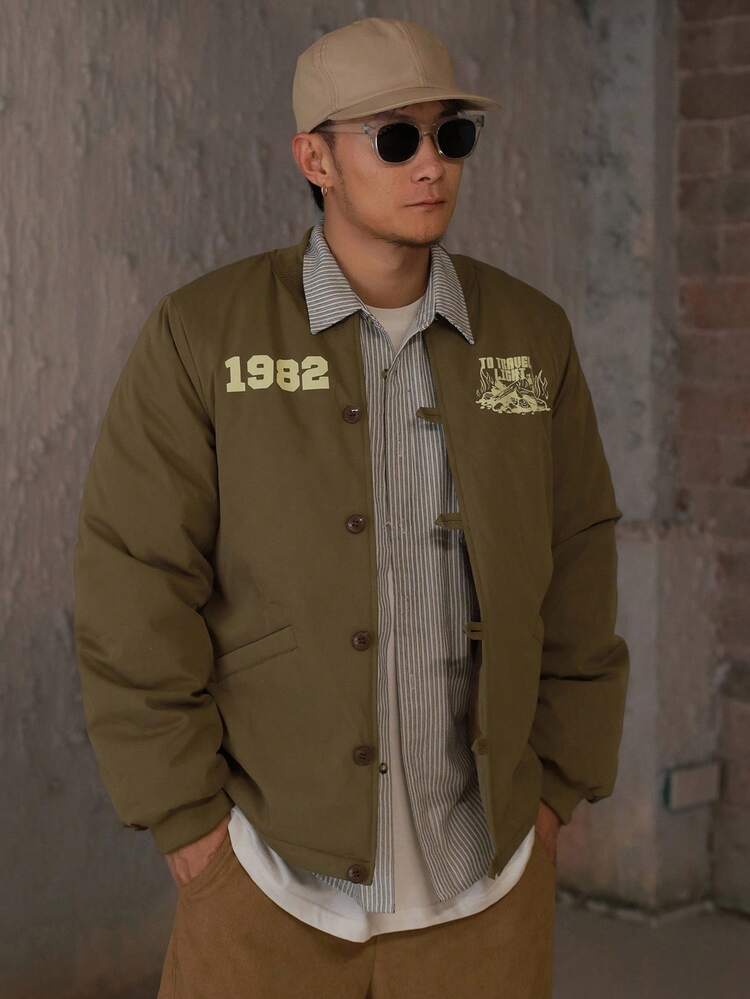 Men's Thick Padded Coat With Letter Print, Military Green, Winter Jacket