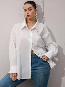 EMERY ROSE Áo sơ mi tay dài màu trắng rộng rãi, thường ngày, cỡ lớn, có túi - trắng - Xem 6
