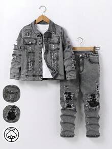 SHEIN Vacaura 复古街头风两件套，适合青少年男孩，包括一件做旧牛仔外套，经典领口和纽扣设计，搭配做旧牛仔裤。舒适时尚，适合休闲外出、上学、度假等各种场合。助力您的孩子成为时尚潮流引领者。秋冬季必备。 - 灰色 - 查看 3