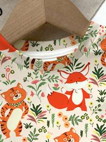 SHEIN Happikins Cute Cartoon Animal, Plant, Floral Print Beige Baby Girl Casual Minimalist Snug Fit Round Neck Short Sleeve Pants Pajamas, Suitable For Summer - Multicolor - View 5