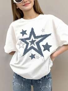 SHEIN Leap Crew 青少年女孩休闲简约短袖上衣和裤子 2 件套，夏季