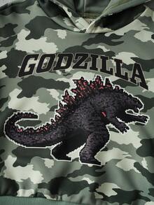GODZILLAxKONG X SHEIN 男童户外怪兽迷彩印花卫衣，适合秋冬季户外运动。 - 軍綠色 - 查看 4