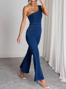 Elenzga Asymmetrical Neck Elastic Washed Denim Flare Jumpsuit ,Casual Elegant Lady - Dark Wash - View 4