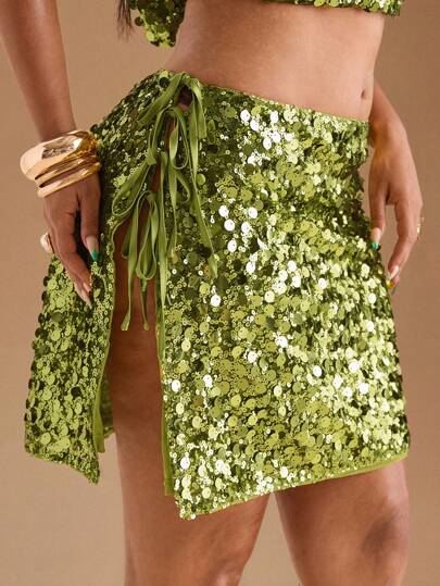 SHEIN BAE 大码时尚夏季亮片侧系腰裙