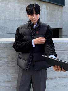 DAZY 男士冬季刺绣图案黑色保暖背心夹克 - 黑色 - 查看 6