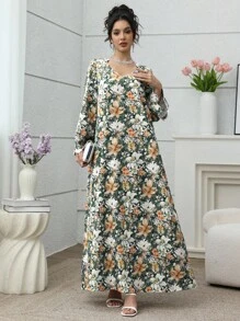 Yasmyna 优雅复古浪漫花卉和珍珠装饰女士宽松休闲连衣裙，适合通勤和户外穿着 - 彩色 - 查看 4