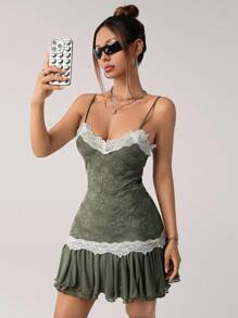 SHEIN ICON Y2k 波西米亚风复古外出文艺复兴橄榄绿性感优雅蕾丝拼布细肩带迷你连衣裙，夏季鼠尾草绿色连衣裙蕾丝边连衣裙吊带裙绿色连衣裙 - 綠色 - 查看 5