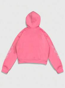 ROMWE MEN Prep Men's Fluffy Collar Embroidered Graphic Open Front Sweatshirt, Loose Cropped Style , Fall Winter - Pink - View 3