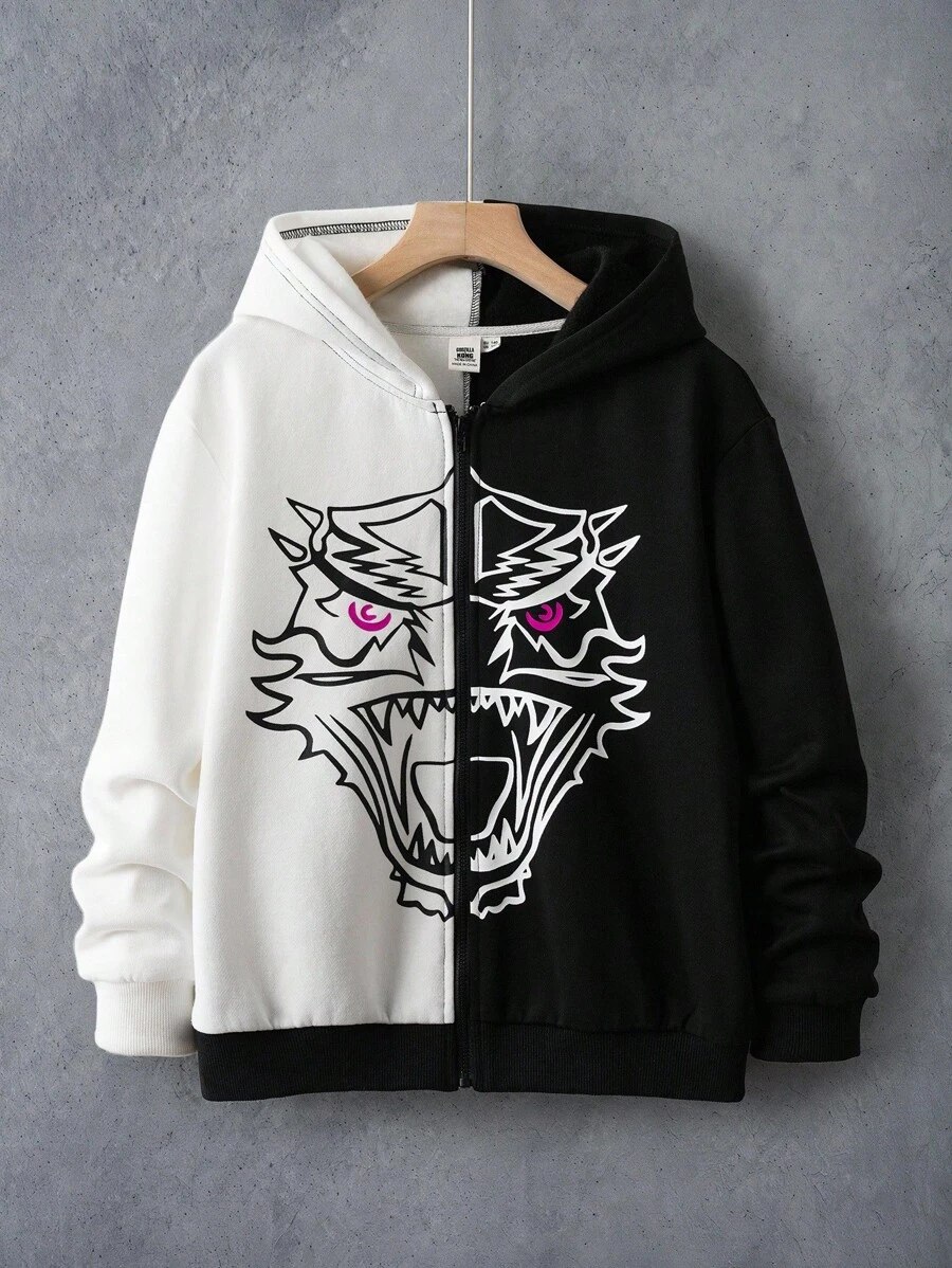 GODZILLAxKONG X SHEIN Tween Boy Street Cool Sports Casual Monster Graphic Contrast Hoodie Zip Front Knit Black White Sweatshirt Jacket X KONG - Black and White - View 1