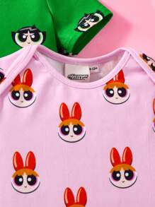 THE POWERPUFF GIRLS X SHEIN 3pcs Baby Girl Blossom, Bubbles, Buttercup Pattern Cute Short Sleeve Bodysuit Set, Pink/Blue/Green - Multicolor - View 3