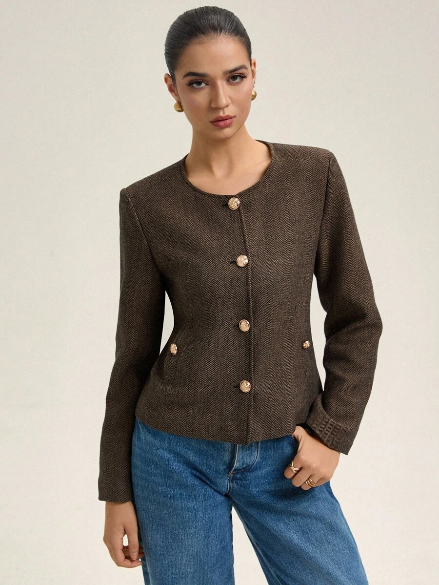 Revavyn 女士人字纹圆领金属纽扣装饰通勤夹克 - 彩色 - 查看 1