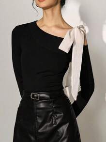 SHEIN LUNE 女士优雅不对称领带长袖 T 恤