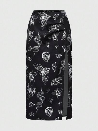Goth Women's Sexy Dark Fashion Street Skull & Insect Animal Print High Slit Skirt, Halloween