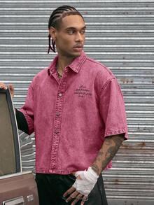 AXEPEAK Turndown Collar Short Sleeve Loose Fit Cropped Printed Men's Shirt