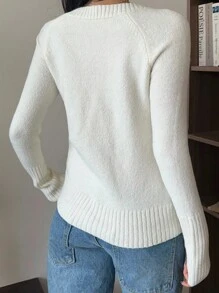 SHEIN EZwear 秋冬女式常规款V领插肩袖扭纹图案套头衫 - 米色 - 查看 2
