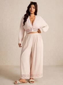 Elaquor Plus Size Minimalist Vacation Lace Patchwork Top And Pants 2 Pieces Set,Fall Clothes For Women - Apricot - View 4