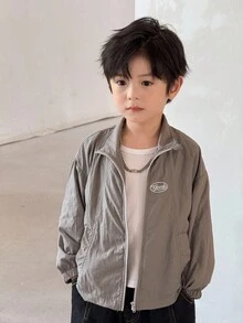 SHEIN Little Byeori Young Boy Casual Letter Print Front Zip Jacket Boys Zip Up Jacket Kids Zip Up Jacket Boys Summer Jacket Kids Summer Jacket Boy Jacket,In Fall/Winter - Grey - View 8