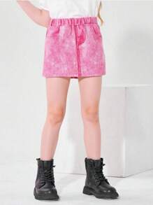 SHEIN 2025 Mädchen 4-7J Cartoon Regenbogen Wolke Einhorn Bunt Digital Muster Jeans Optik Mini Rock