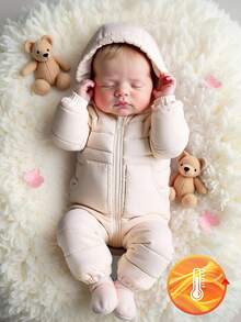 SHEIN 女婴保暖休闲可爱保暖连帽拉链长袖连体衣，冬季宝宝连体衣，新生儿秋季冬装