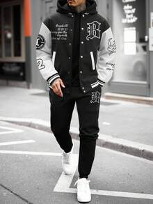 Manfinity Homme 男士简约印花长袖棒球夹克和裤子套装，秋冬装 - 黑與白 - 查看 4
