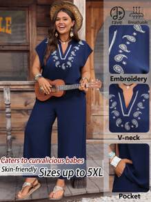 EMERY ROSE 2 pezzi/Set Taglie forti Camicia con scollo a V e stampa di anacardi e Pantaloni a gamba larga Set Taglie forti Pantaloni estivi per donna Taglie forti Set di pantaloni blu navy 2 pezzi Completo casual Taglie forti Abbigliamento autunnale donna Taglie forti, Outfit da concerto per donna, Completi da relax per donna, Abbigliamento western donna Taglie forti, Boho, Outfit country per donna - Blu Navy - Visualizzare 1