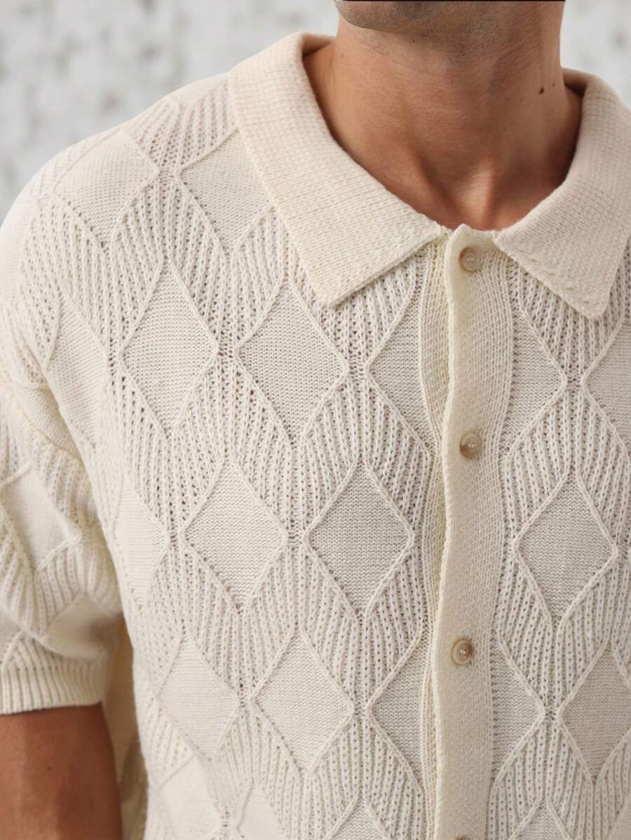 Manfinity Homme Men's Geometric Textured Short Sleeve Single-Breasted Casual Knit Top - Apricot - View 1