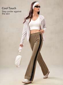 OutZeal Pantalon large à fente latérale avec blocs de couleurs stretch et toucher frais, pour un usage quotidien et décontracté pour femmes - Tabac - Voir 3