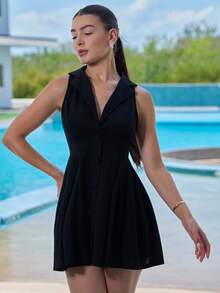 Andrea Bello Women's Summer Casual V-Neck Ruched Waist Sleeveless Black Mini Dress - Black - View 5