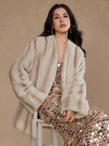 DAZY Women's Fluffy Colorblock Loose Casual Business Jacket, Elegant For New Year, Christmas, Wedding Party, Autumn/Winter Women Coats Modest Fashion - Beige - View 2
